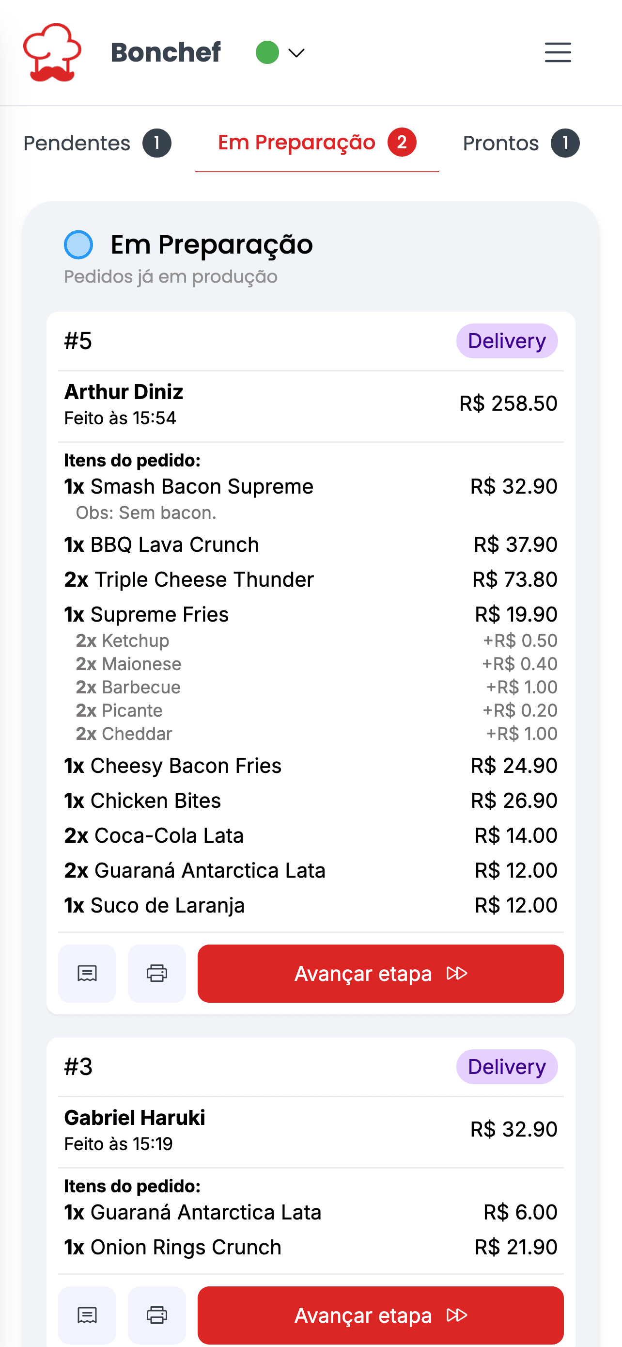 Painel de Pedidos Bonchef - pedidos organizados por status